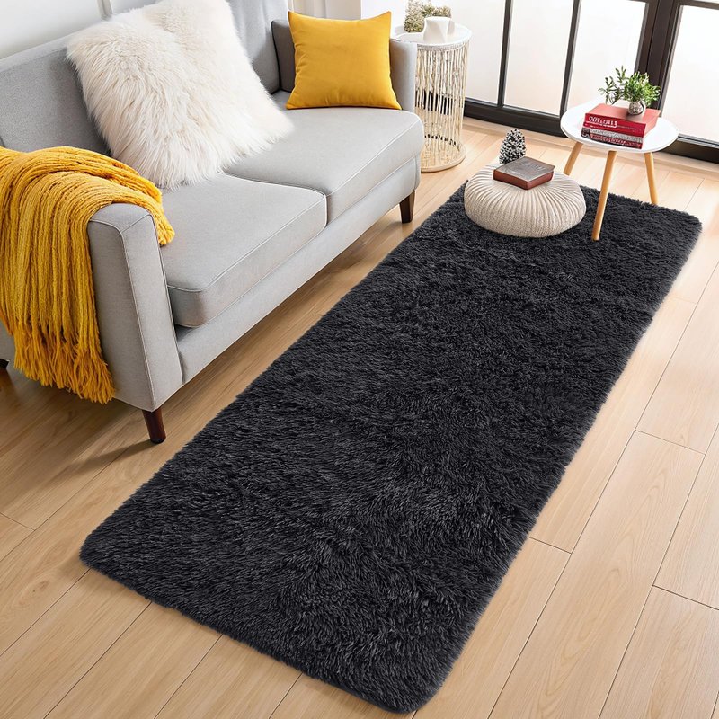 OLANLY 3x12 Machine Washable Runner Rugs for Hallway, Soft Fluffy Shaggy Bedside Rugs for Bedroom, Living Room, Indoor Floor Carpet for Kids Girls and Boys, Nursery Rooms, Home Decor Aesthetic, Black