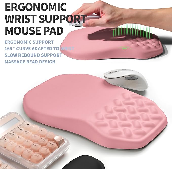 Gleamtide 2-in-1 Ergonomic Set, Wave Keyboard Wrist Rest and Massage Slope Mouse Pad Wrist Support, Rebound Memory Foam for Relieve Carpal Tunnel Syndrome and Wrist Pain (Pink)