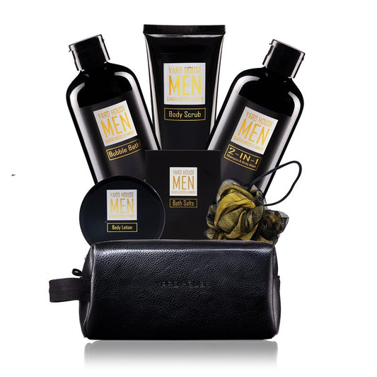 YARD HOUSE Bath and Body Spa Gift Baskets Set for Men - Sandalwood Amber - 7Pc Full Size Spa Kit in Toiletry Bag - Fathers Day Gifts For Husband, Dad From Wife, Daughter Son, Birthday Gifts For Him