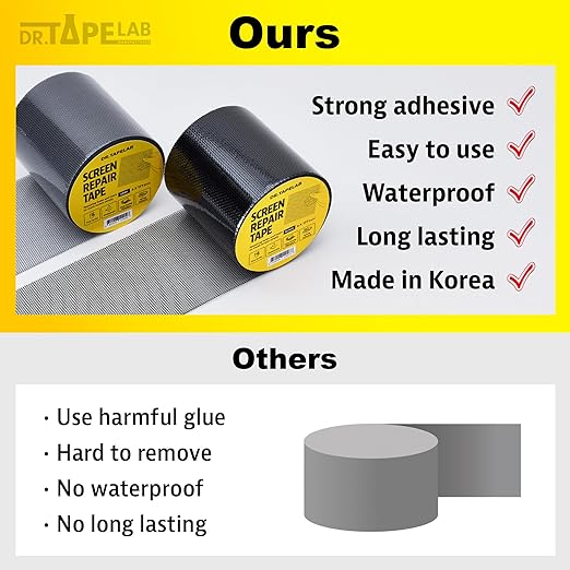 DR.TAPELAB, Black Window Screen Repair Tape, 4 in X 15 FT, Screen Repair Kit for Windows or Doors, Strong Adhesive Patch Kit Fiberglass Mesh Tape
