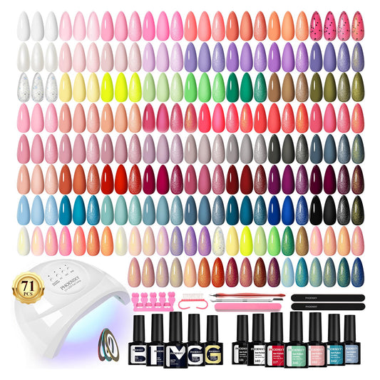 PHOENIXY 71 Pcs Gel Nail Polish Kit with U V Light, 55 Colors Gel Polish Set Red Black White with 5 Pcs Base and Glitter Matte Glossy Gold Top Coat Manicure Starter Nail Polish Set Gifts for Women