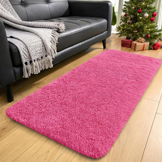 OLANLY Machine Washable 2x4 Runner Rug - Soft Fluffy Shaggy Design for Bedroom & Hallway | Hot Pink