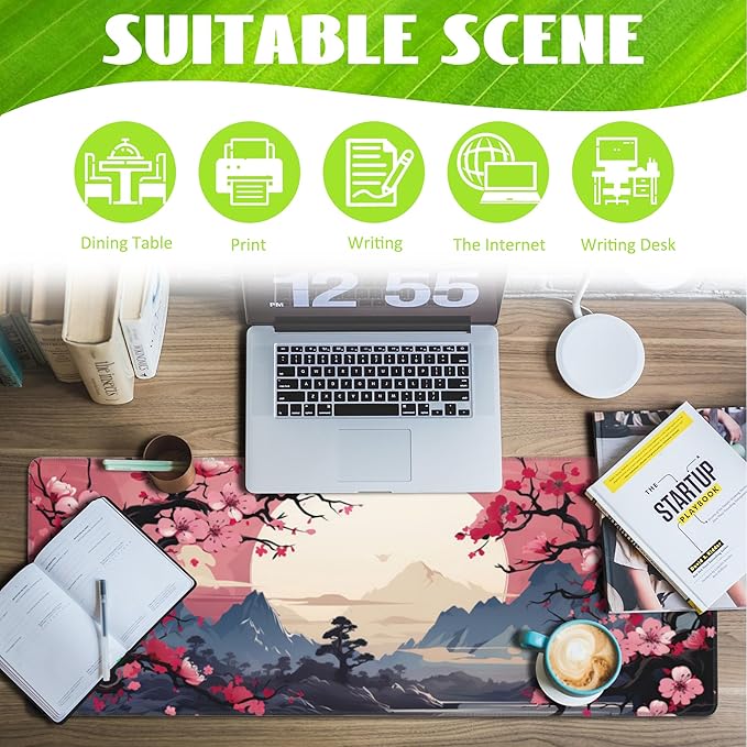 Eflxamz Pink Cherry Blossom Tree Desk Pad, Mountains and Sun Large Gaming Mouse Mat, Extended Big Computer Keyboard Pad With Non-Slip Base and Stitched Edge, 31.5"x11.8"