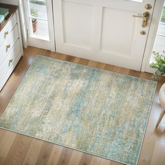 Tangsoo Washable 2x3 Area Rug - Modern Non-Slip Soft Rug for Entryway, Kitchen & Living Room | Blue/Beige