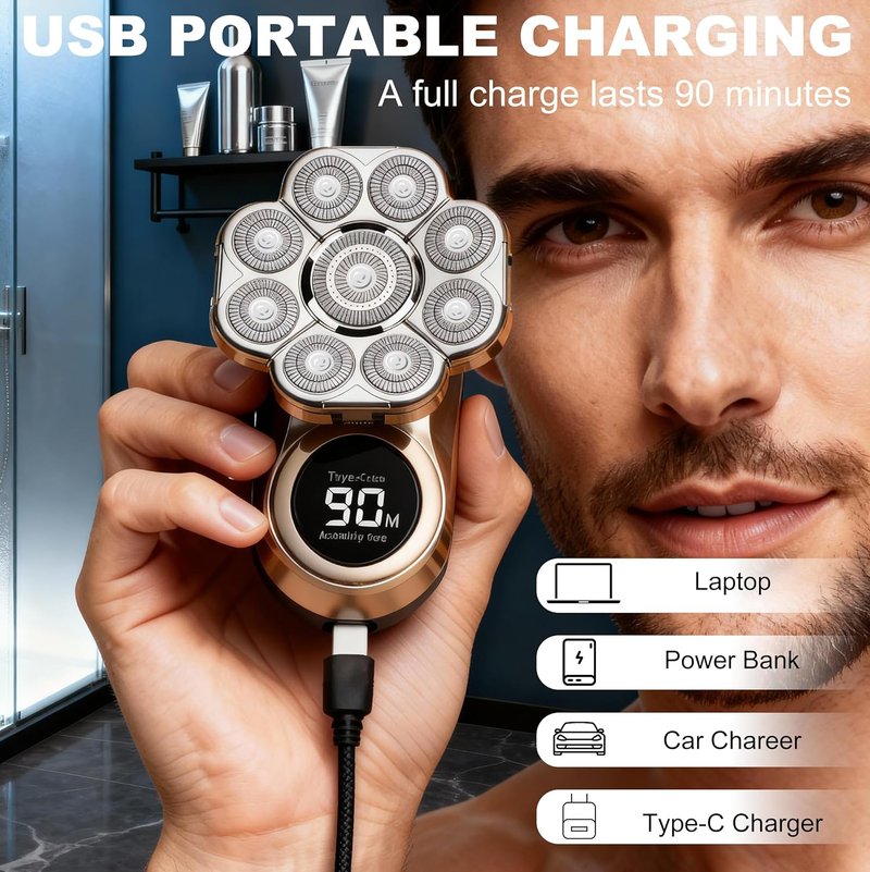 Head Shaver for Bald Men - 9D Floating Blades, IPX7 Waterproof, LED Display | Rechargeable Cordless Razor