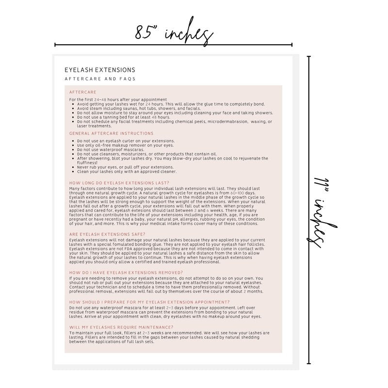 Lash Extension Eyelash Consent, Intake, Aftercare forms with Mapping | 100 Pack | 25 of each Consent, Intake, Aftercare, and Mapping Forms for Lash Artists | 8.5 x 11 inch