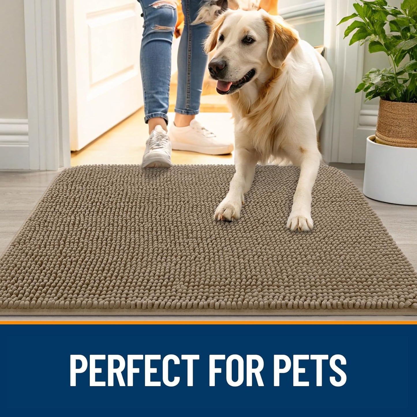 OLANLY Dog Door Mat - Absorbent Non-Slip Chenille Mat for Muddy Paws | 32x20 Tan Indoor Entryway Carpet