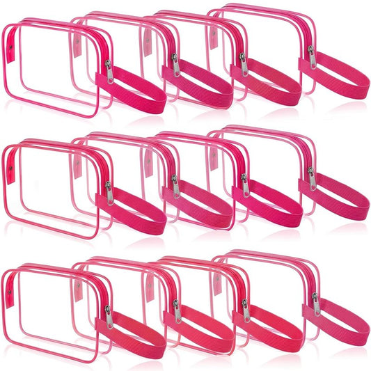 Clear Toiletry Bag - PVC Travel Cosmetic Pouch with Handle Strap | Rose Pink, 24 Pack for Summer Vacation & Gifts