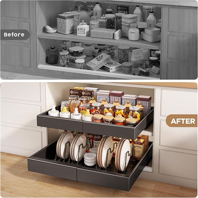 4 Pack Pull out Cabinet Organizer 21"Deep with Raising Pad for Framed Cabinets, Expandable Slide out Drawers for Kitchen Cabinets with 4pcs Divider Racks, Roll out Shelves 12.1"-20.4" W Black
