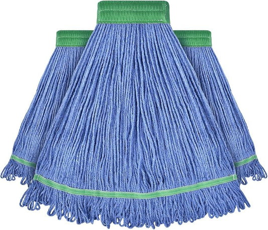 Onesimus 18 oz Heavy Duty Mop Head Replacement, 5 Inch Headband for Quick Change Handle, Blue Loop-End Cotton Blend String Wet Dry Floor Mop Refill Commercial Cleaning Supplies, 3 Pack Medium