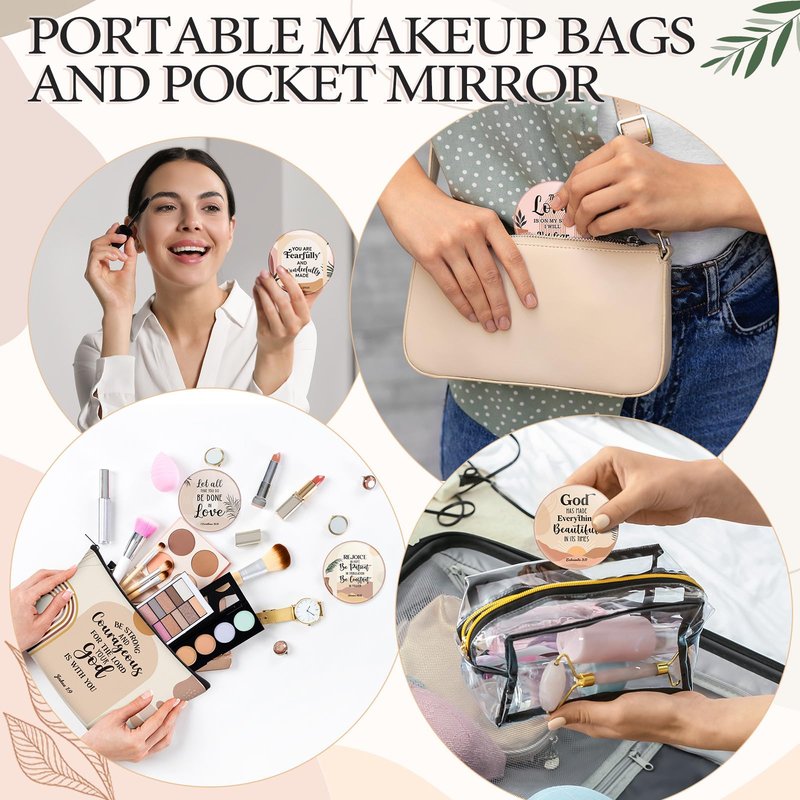 Geelin 24 Pcs Christian Gifts Bulk for Women 12 Religious Canvas Makeup Bags 12 Boho Bible Verse Compact Mirrors Inspirational Church Party Gifts for Women Mother Sister