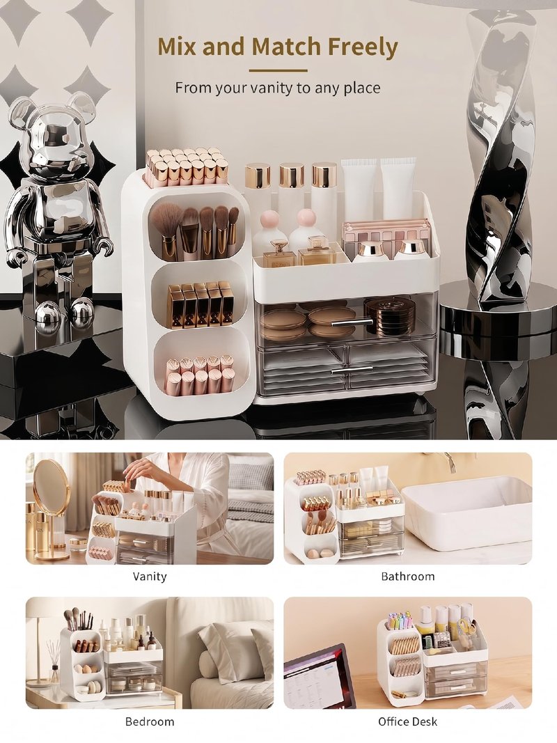 Booklov Makeup Organizer for Vanity, Large Capacity Cosmetic Display Case with Clear Acrylic Drawer, Countertop Beauty Storage Holder for Skincare, Brush Eyeshadow Lipstick Counter Desk, Crystal White