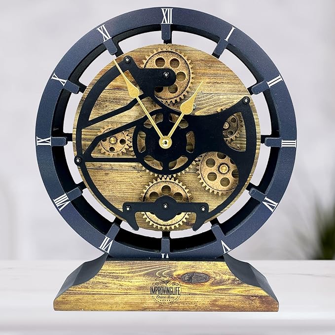 ImprovingLife The Gears Clock Desk Clock 10 inches with Real Moving Gears Convertible into Wall Clock (Gold Antique)