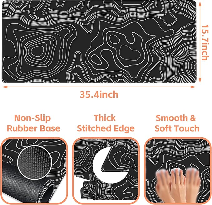 NIYLYNSYN Mouse Pad Large Topographic Map Lines Non-Slip Game Desk Mat with Stitched Edge Laptop Keyboard Desk Pad for Work Home Gaming (35.4 x 15.7 Inches)