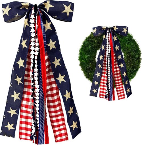 Large Patriotic Ribbon Bow - 4th of July Red, White & Blue Clip-On Star Sash for Wreaths & Decorations