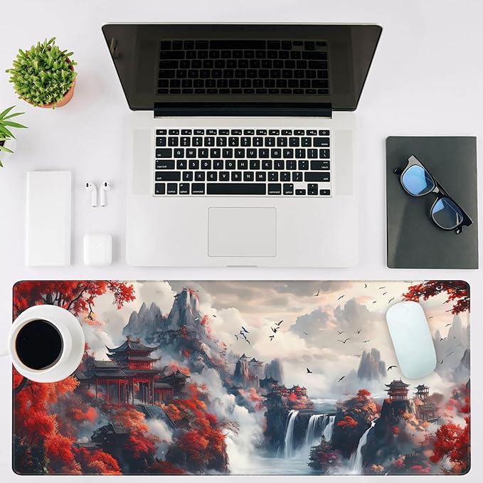 NIYLYNSYN Mouse Pad Large Chinese-Style Landscape Painting Non-Slip Gaming Desk Mat with Stitched Edge Laptop Keyboard Desk Pad for Work Home Gaming (35.4 x 15.7 Inches)
