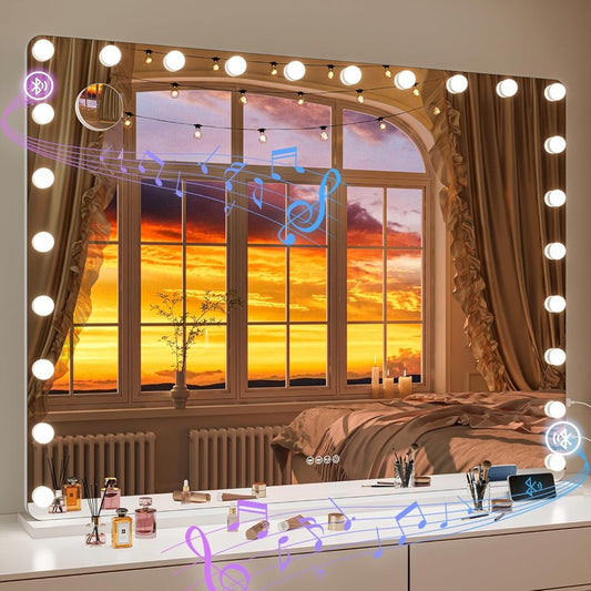 LED Makeup Mirror with Bluetooth Speaker - 47" x 35" Hollywood Mirror with Lights & 3 Color Modes | USB & Type-C Charging