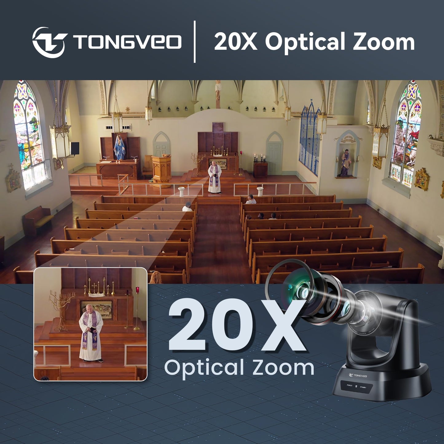 TONGVEO Conference Room PTZ Camera System with 20X Optical Zoom, AI Auto Tracking 1080P 60fps HDMI USB Webcam for Church Streaming Online Video Conference,Compatible with Zoom, OBS Easy Setup