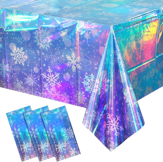 Skiennix Iridescent Winter Snowflake Tablecloths - Holographic Blue & Purple | 54x108 Inch, 3 Pack