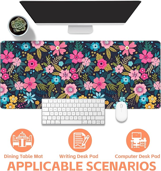 NIYLYNSYN Mouse Pad Large Bright Colorful Flowers Non-Slip Game Desk Mat with Stitched Edge Laptop Keyboard Desk Pad for Work Home Gaming (35.4 x 15.7 Inches)