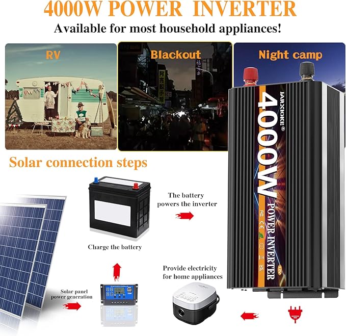 JARXIOKE 4000 Watt Power Inverter 12V DC to 110V 120V Converter for Family RV Off Grid Solar System Car with Type-C Ports 3 AC Power Outlets Dual USB Ports LCD Display Wireless Remote Control