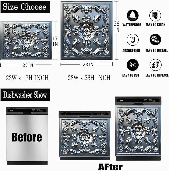 Stainless Steel Flower Pattern Dishwasher Magnetic Cover 3D Effect Decorate Panel Decal for Refrigerator Fridge Magnet Beautiful Flowers Magnets for Kitchen Home 23"x17"