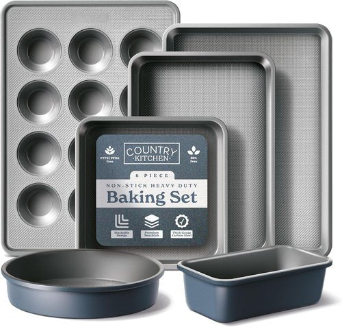Country Kitchen Nonstick Bakeware Set - Durable & Easy Release, Navy | 6-Piece Stackable Set