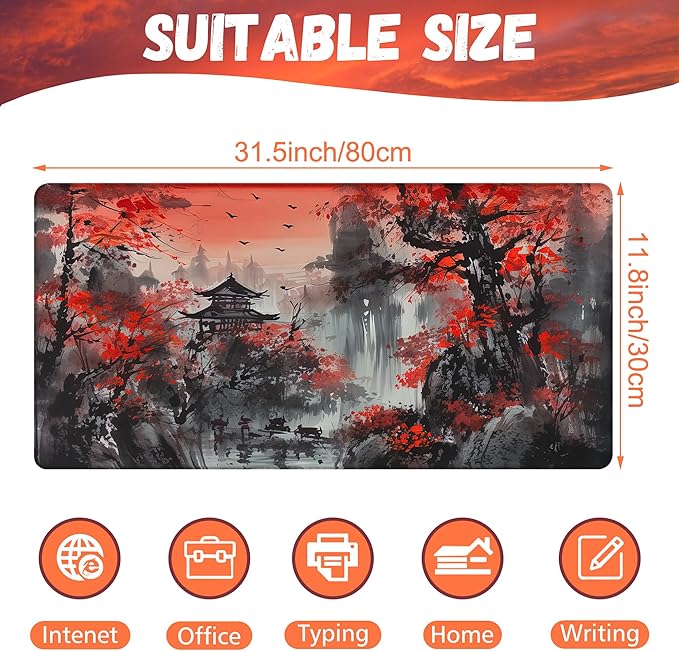 KOAIWPAE Desk Mat, Red Landscape Painting Desk Pad, Ink Painting Large Gaming Mouse Pad for Desk, 31.5"x15.7" Extended Big Computer Keyboard Mouse Pad with Non-Slip Base and Stitched Edge