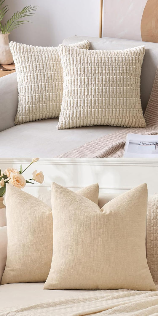 MIULEE Corduroy Decorative Throw Pillow Covers - Soft Chenille, 18x18 Inch, Cream White & Beige (Set of 2)