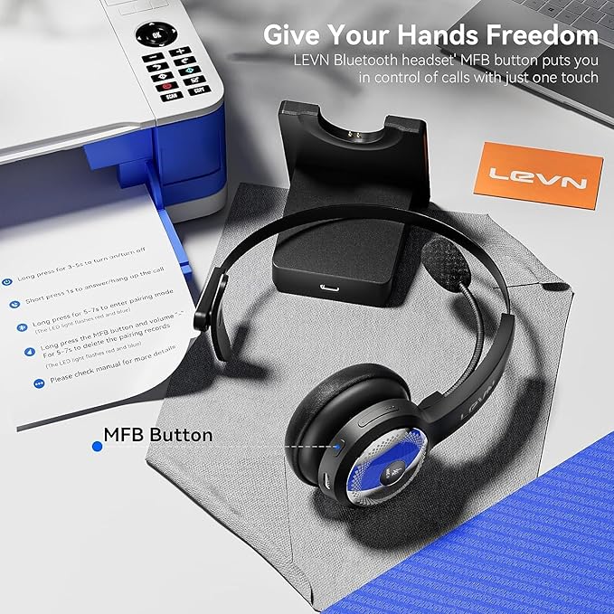 LEVN Bluetooth 5.0 Headset, Wireless Headset with Microphone (AI Noise Cancelling), 35Hrs Bluetooth Headphones with USB Dongle for PC, Suitable for Remote Work/Call Center/Zoom/Online Class, Black