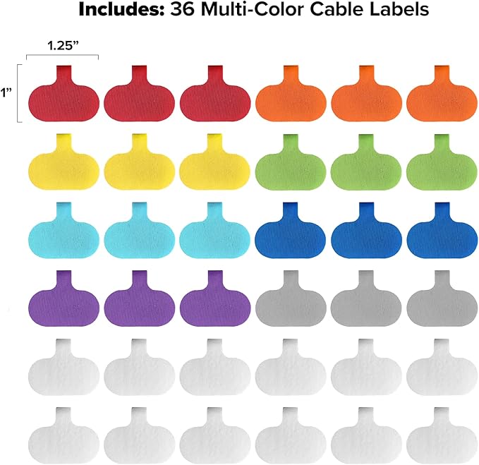 Wrap-It Storage - Cable Labels - Oval, Multi-Color (36 Pack) - Write-On Wire Tags for Cord Identification with Power Strips Behind Desks and TVs