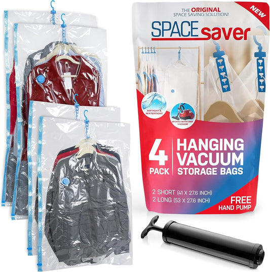 Skiennix Vacuum Storage Bags - 4 Pack Compression Bags with Hand Pump for Clothes & Jackets | Space Saver for Travel & Organization (2 Small & 2 Large)