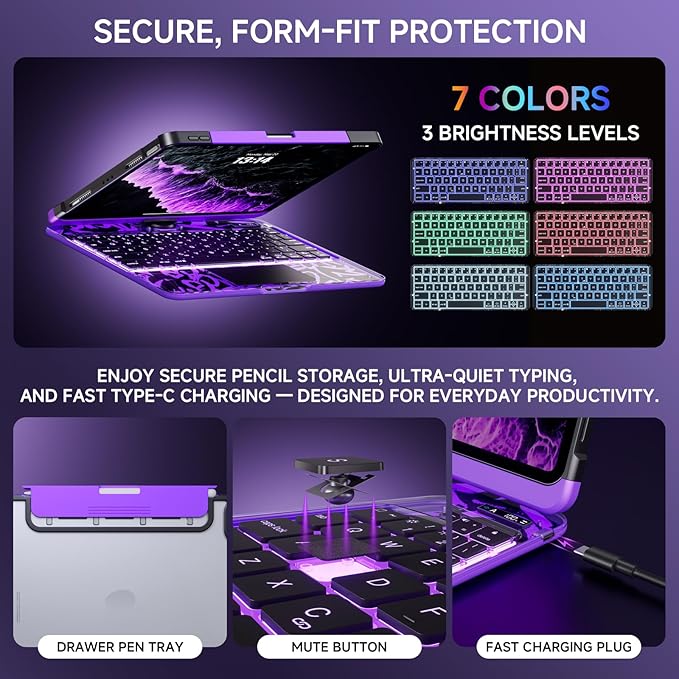 Tiaota Transparent Case with Keyboard for iPad Pro 13 inch (M5/M4, 2025/2024), iPad Pro 13,7-Color Backlit,Magic Wireless Keyboard, 360°Rotating,Multi-Touch trackpad,with Shortcuts,Purple