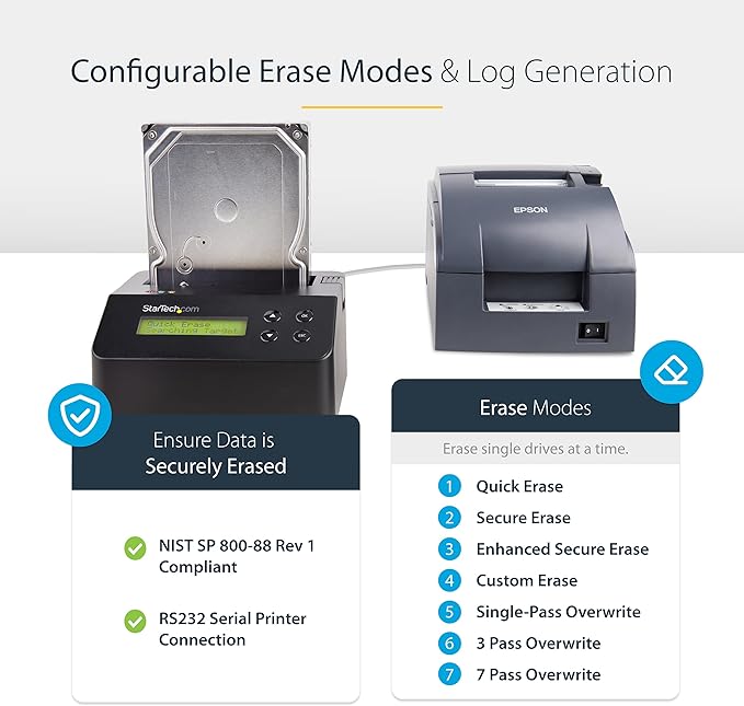 StarTech Single Bay Hard Drive Eraser, Standalone HDD/SSD Disk Sanitizer, NIST 800-88 & DOD 5220.22-M Secure Erase, 4Kn, USB 3.0 to SATA III, 9 Erase Modes, RS232 Printer Port, TAA Compliant