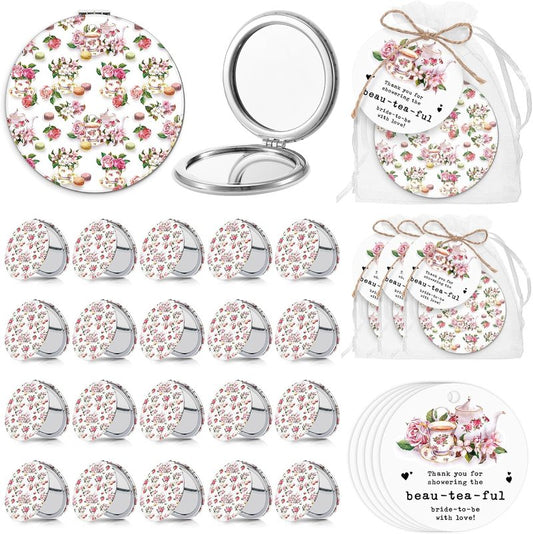 Hushee Floral Compact Mirror Set - 20 Bridal Shower Tea Party Favors | PU Folding Pocket Mirrors with Tags
