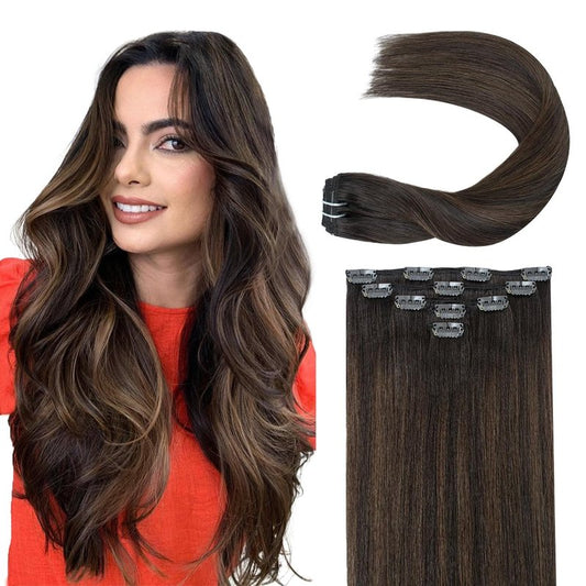 Ombre Hair Extensions Clip in Human Hair Remy Brazilian Clip on Real Human Hair Invisible Double Weft Balayage Dark Brown to Chestnut Brown 20 Inch 60G 5 PCS Natural Straight Clip ins Hair for Women