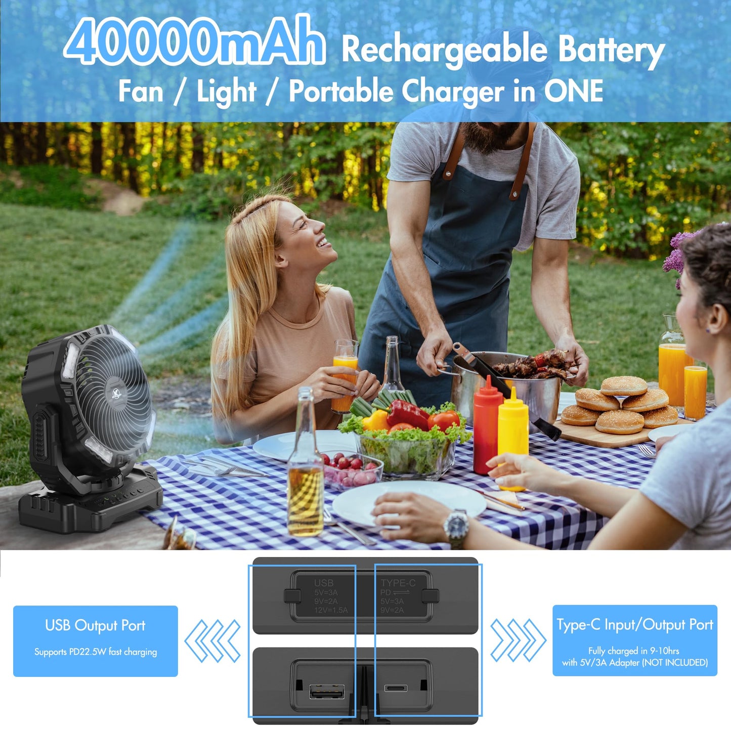 40000mAh Battery Powered Fan, Rechargeable Oscillating Floor Fan with Remote, 136H Cooling Max Camping Essentials for RV, Fathers Day Gift for Men Dad Blue Collar Workers, Co-Branded with AMACOOL
