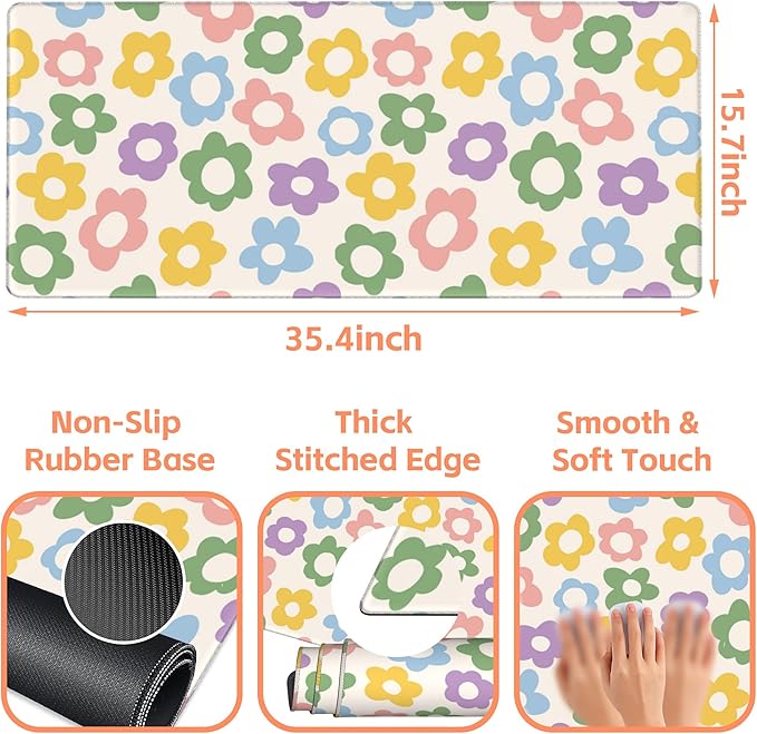 NIYLYNSYN Mouse Pad Large Vintage Groovy Flowers Non-Slip Gaming Desk Mat with Stitched Edge Laptop Keyboard Desk Pad for Work Home Gaming (35.4 x 15.7 Inches)