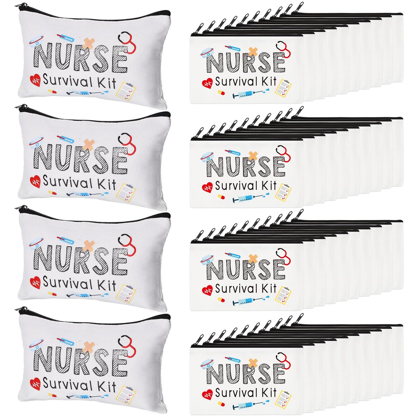 Abbylike 50 Pieces Nurse Gift Bag Survival Kit Makeup Bags Canvas Multi Purpose Zipper Pouch Funny Travel Bag for Birthday Nurse Week Practitioner Gifts for Women, 7.09 x 4.33 Inch(White)