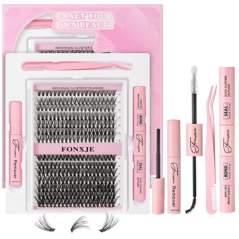 FONXJE DIY Lash Clusters Kit for At-Home Eyelash Extensions | 280 Cluster Lashes (9mm-16mm) with Lash Glue, Bond Sealer & Tweezers | Reusable Cluster Lash Extension Kit for Natural Volume(30D+40D)