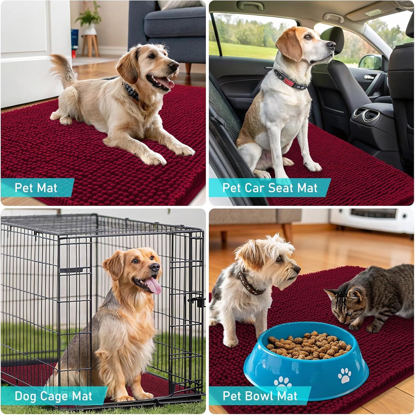 OLANLY Dog Door Mat - Absorbent Non-Slip Washable Chenille Mat for Muddy Paws | 47x20, Burgundy