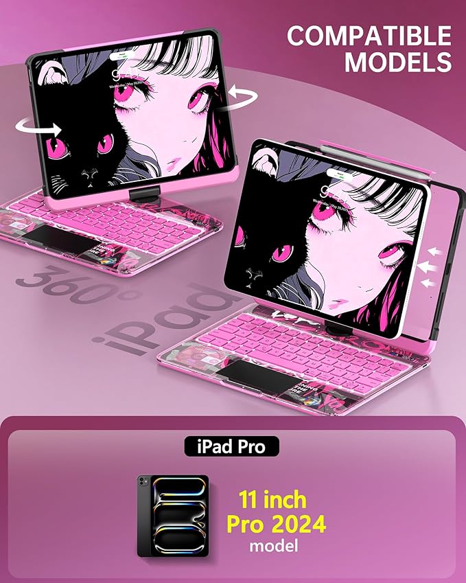 Intermerge Transparent Keyboard Case for iPad Pro 11"(M5,2025/ M4,2024), 360° Rotating Multi-Touch Trackpad, 7-Color Backlit Keyboard, Pencil Holder, Type-C Charging, Blush Pulse