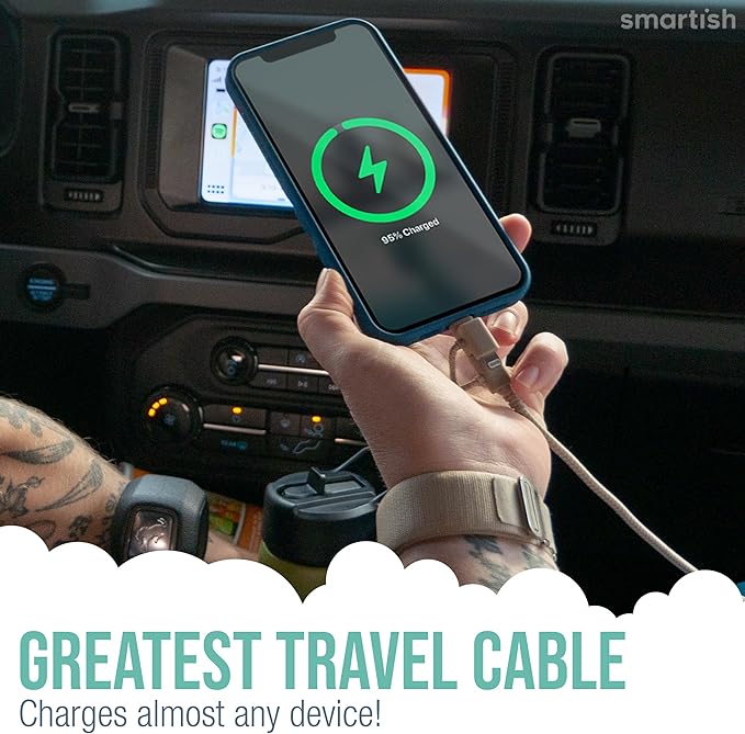 Smartish USB-C/Lightning Cable 17/16/16e/15/14 - Crown Joule - 6Foot Universal Fast Fabric Wrapped Charging Cable w/Micro-USB - MFi Certified 13/12/SE/iPad/AirPods/Android - Black
