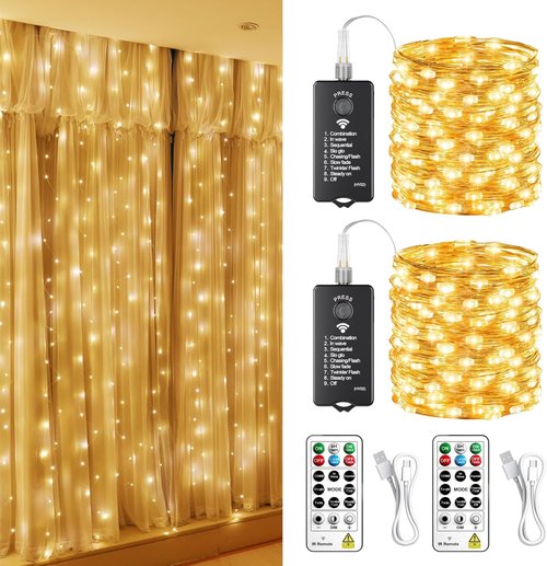 HXWEIYE 300L Curtain Lights - 100 LED Rechargeable Outdoor Fairy Lights with Remote & Timer | 2 Pack