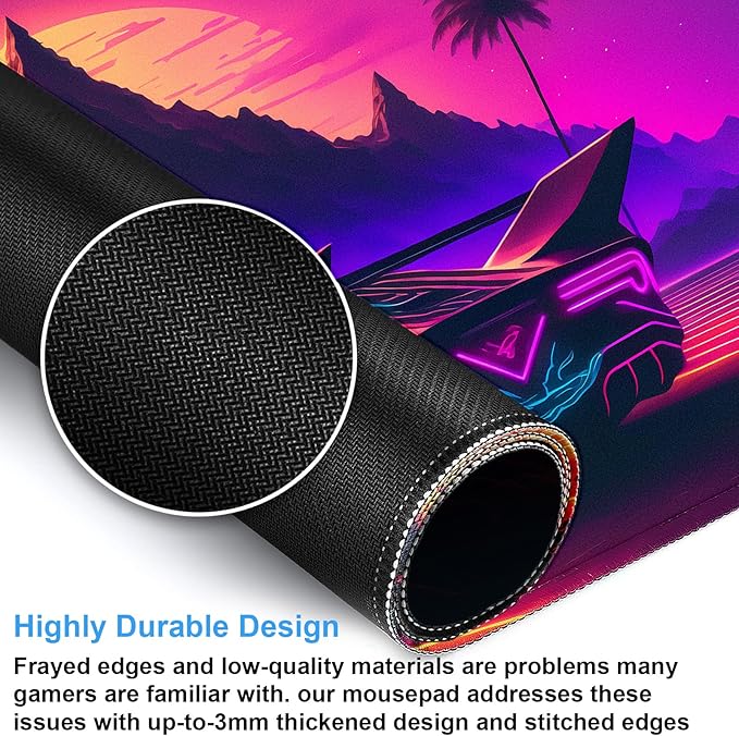 Synthwave Desk Mat, Retro Car XXL Large Gaming Mouse Pad 31.5x15.7 in