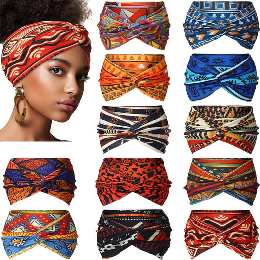 XunYee 12 Pcs Juneteenth Headbands African Boho Print Headbands for Women Yoga Twisted Knot Headwraps - Assorted Wide Elastic Bandeau Hair Accessories for Girls, Running, Sports