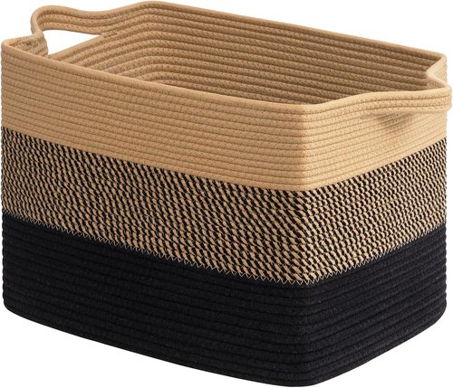Goodpick Large Woven Basket - 18" x 14" x 12" Cotton Rope Storage for Organizing | Black & Jute