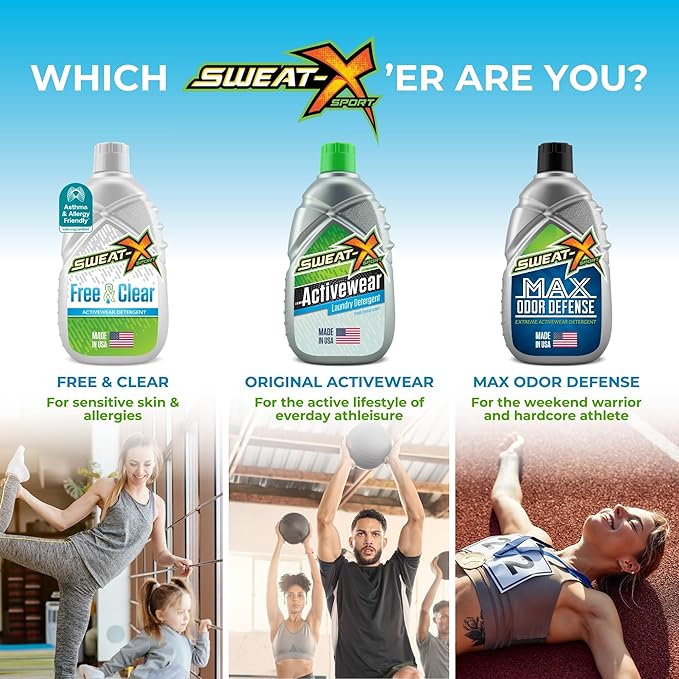 SWEAT X Original Activewear Laundry Detergent Liquid - Natural Washing Detergent for Activewear & Gym Clothes - Non Toxic Laundry Detergent for Sensitive Skin - Concentrated, 45 Loads (4 Bottles)