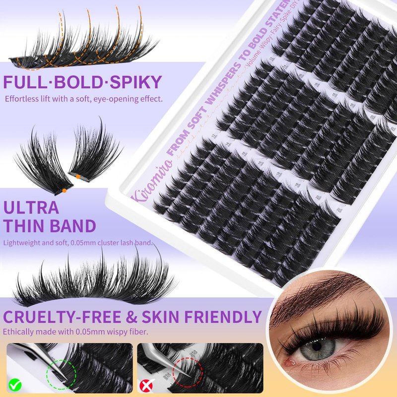 Kiromiro Lash Clusters with Spikes Eyelash Clusters Fluffy 12-20mm Cluster Eyelash Extensions 216pcs Individual Lashes Clusters Wispy DIY Lash Extension Cluster Lashes Mink