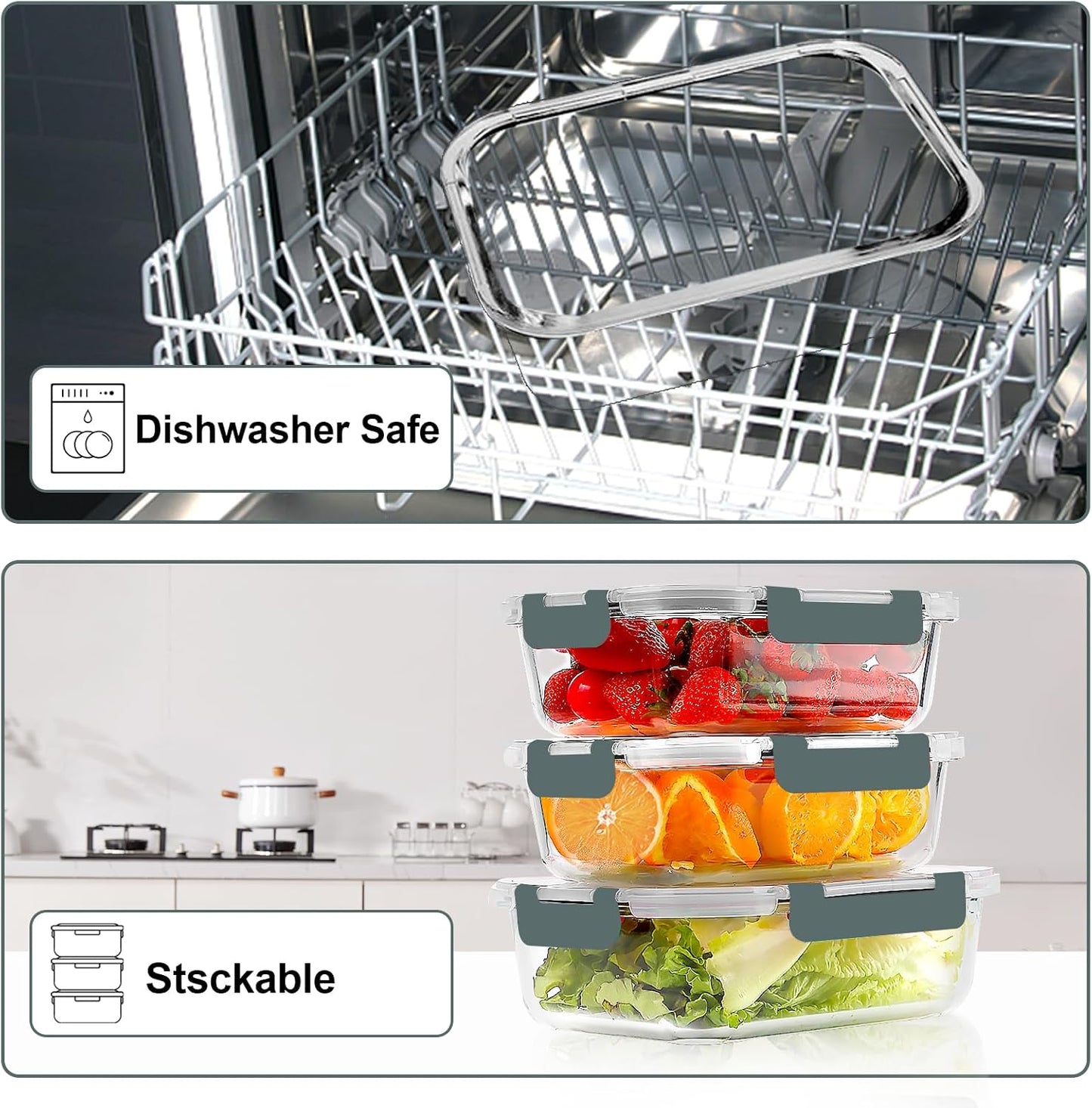 VERONES Glass Meal Prep Containers - 10 Pack Airtight, Stackable Food Storage Set with Lids | BPA-Free, Microwave & Oven Safe, Grey